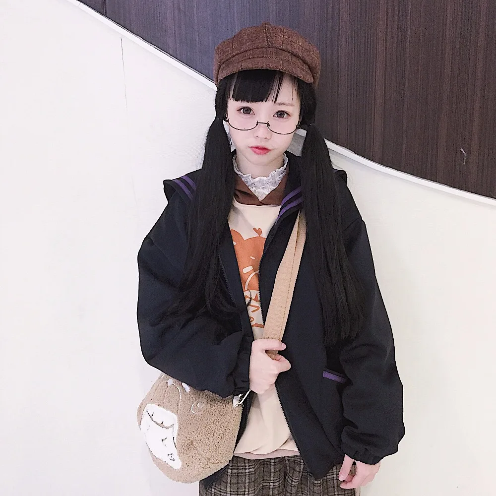 Harajuku Gunner/темно синяя свободная Черная куртка с воротником для девочек мягкая