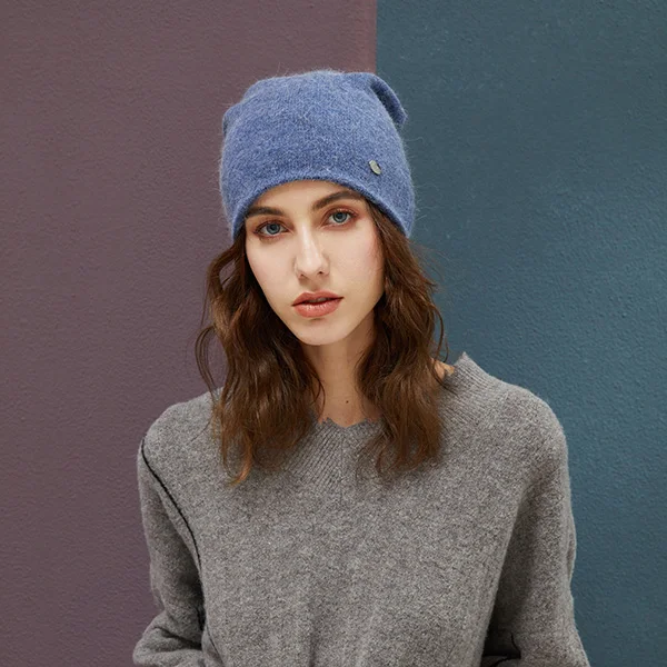Blue Female Beanies Rabbit Hair Winter Hats For Women Casual Autumn Knitted Beanie Girls New Fashion High Quality Soft Wool Hat - Color: Blue