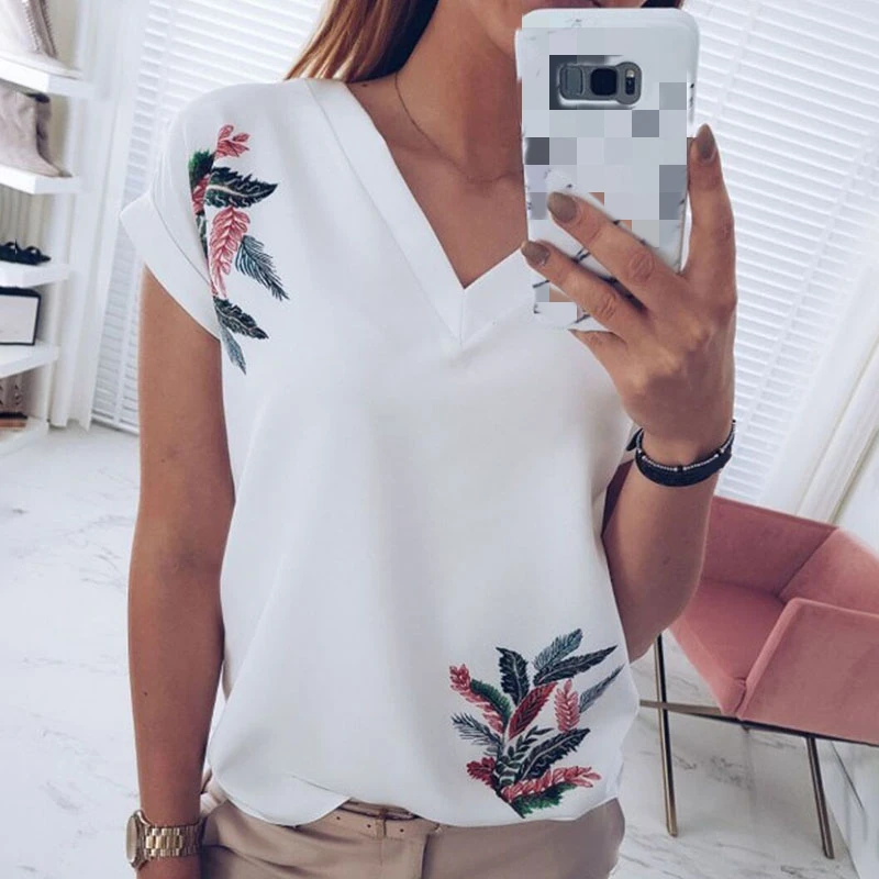 2020 New Summer Autumn Women Sexy V-Neck Short Sleeve T-Shirts Ladies Casual Fashion Flora Print Tops Tees Size S-XL | Женская одежда