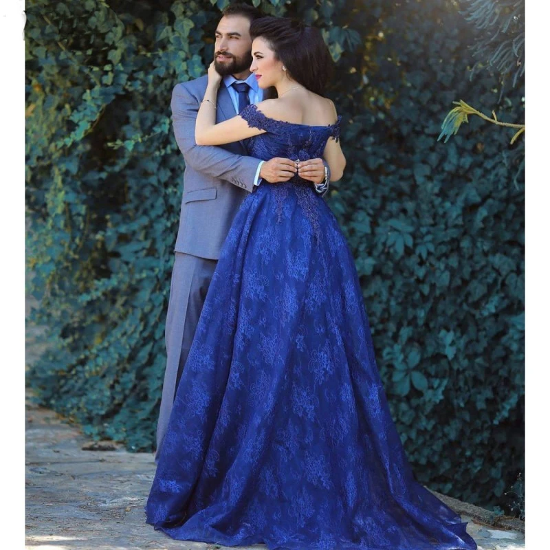 Royal Blue Empire Lace Cap Sleeve Wedding Dresses Sweetheart Zipper Back Sweep Train Bride Gown With Appliques | Свадьбы и торжества