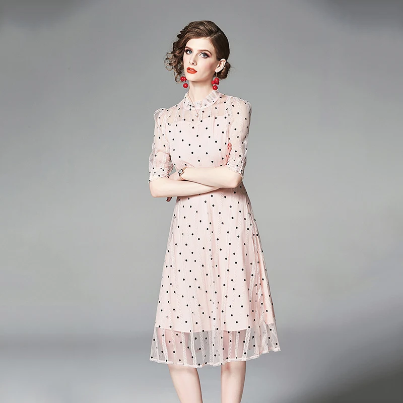 Летнее милое кружевное женское платье в розовый горошек элегантное офисное
