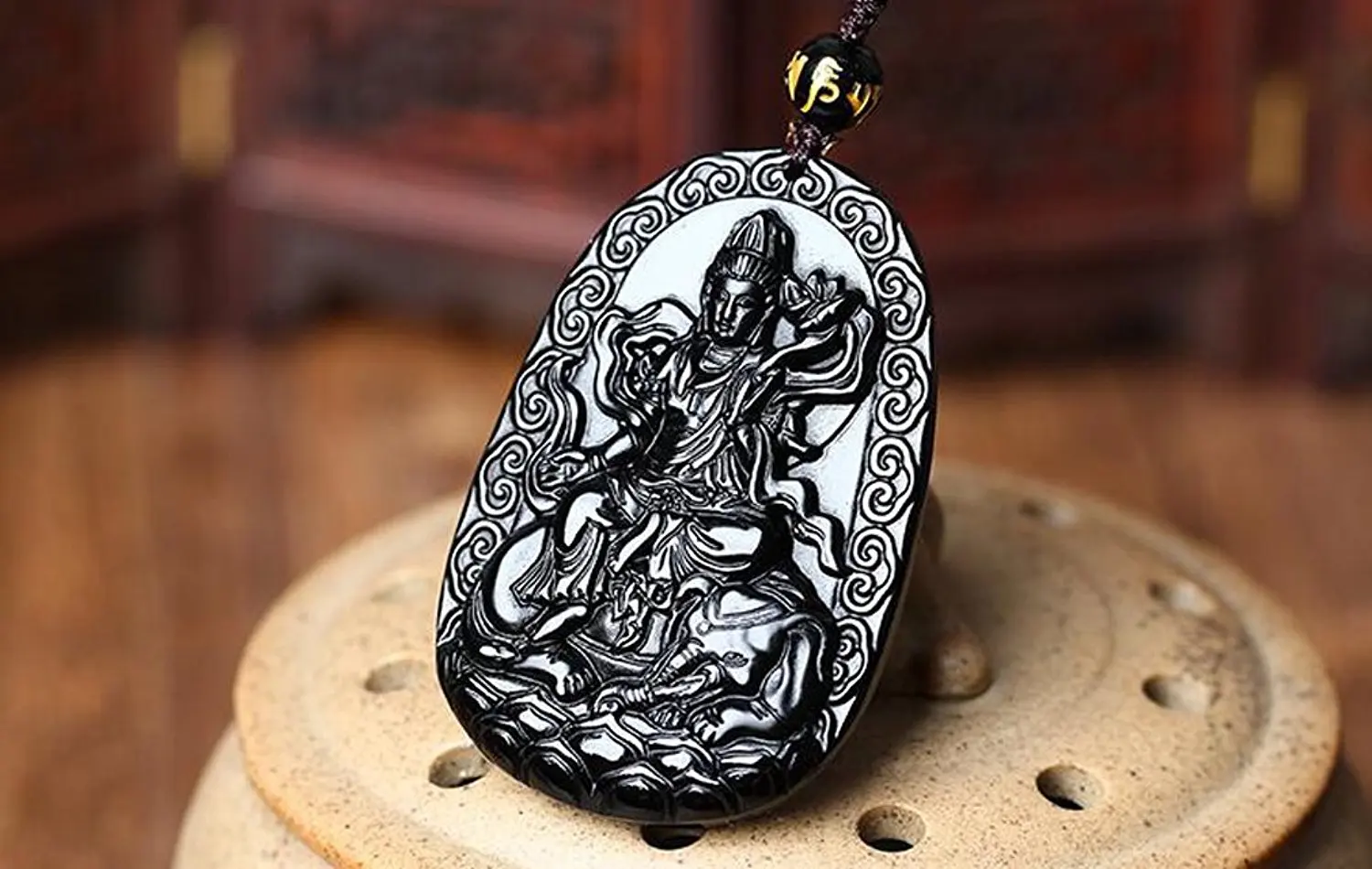 Ювелирные изделия Koraba из натурального обсидиана Samantabhadra Kwan Yin Bodhisattva подвеска