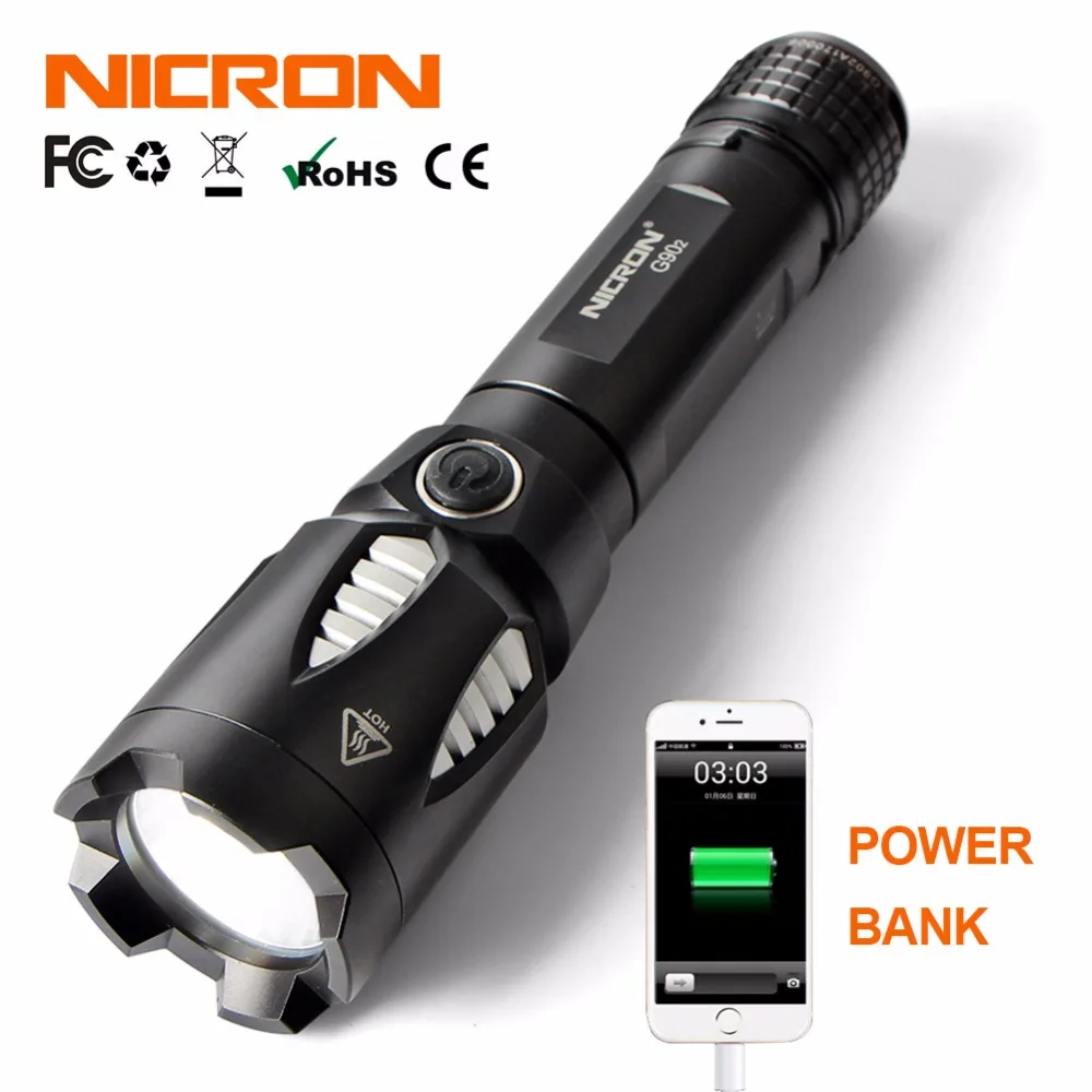 NICRON 9 Вт длинный луч ультра высокий яркий светодиодный фонарик Портативный Водонепроницаемый IPX8 водонепроницаемый 5 режимов power Bank светодиодный фонарь G90