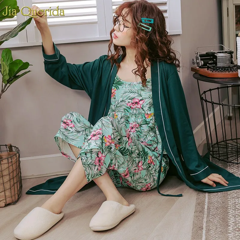 Осень весна пижамы для женщин плюс размер цветочный принт 3 шт. кимоно Халат + cami