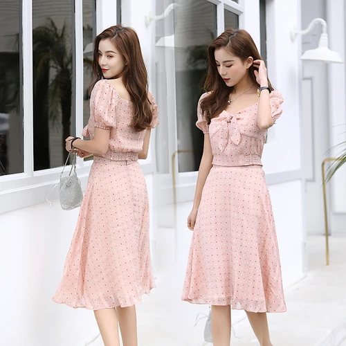 Slash шеи Пышный рукав бант в горошек модная одежда повседневном стиле