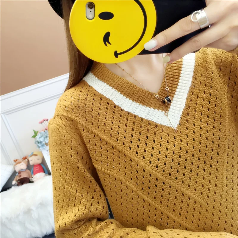 Yellow Women's Knitted Sweater Spring Autumn Thin Striped Harajuku Fashion Hollow Slim Stretch Clothing Female Casual Style Tops | Женская