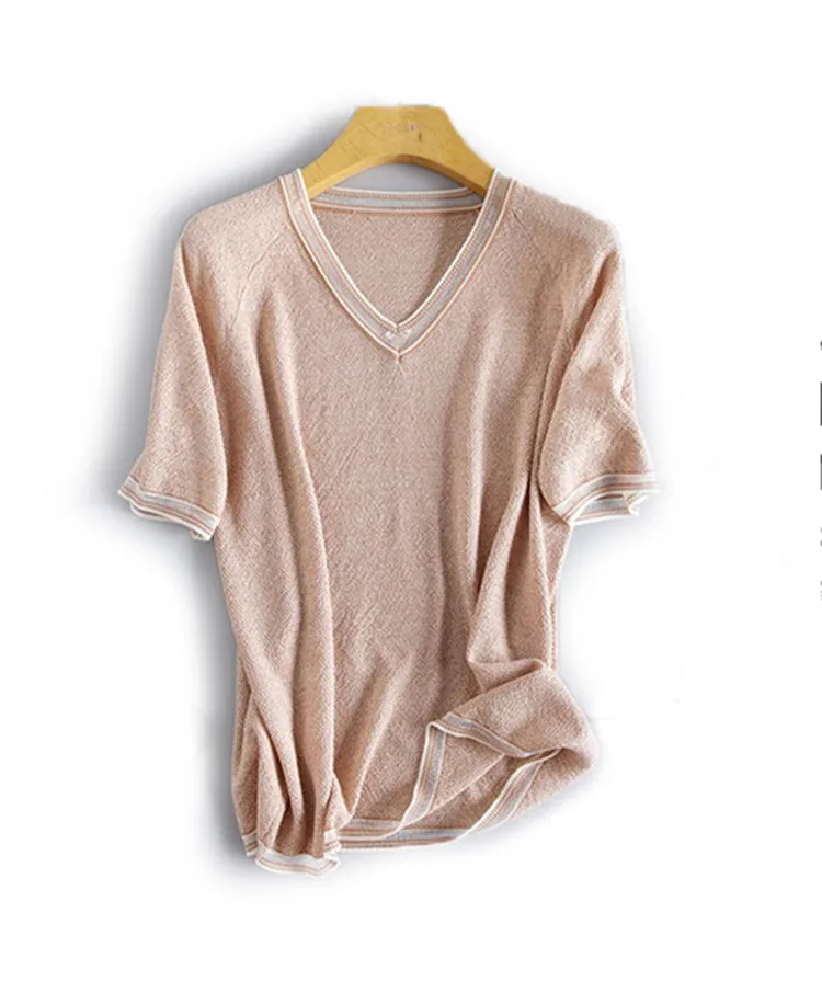 Шелковая акриловая смесь v образным вырезом Тонкая вязаная женская модная