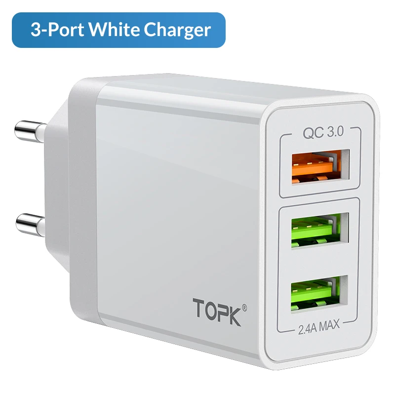 3 Port 3A White TOPK 18 Вт Быстрая зарядка 3,0 быстрое USB зарядное устройство для iPhone, Samsung, Xiaomi, huawei, дорожное настенное зарядное устройство для мобильного телефона с европейской вилкой - Тип штекера: 3 Port 3A White