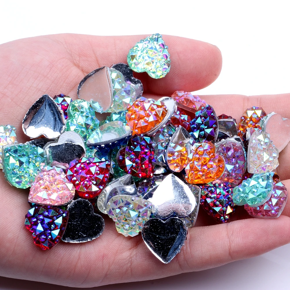 

14mm 40pcs Heart Shape High Luster Resin Rhinestone Flatback Gems Fashion Glue On Multicolor DIY Wedding Dress Accessories