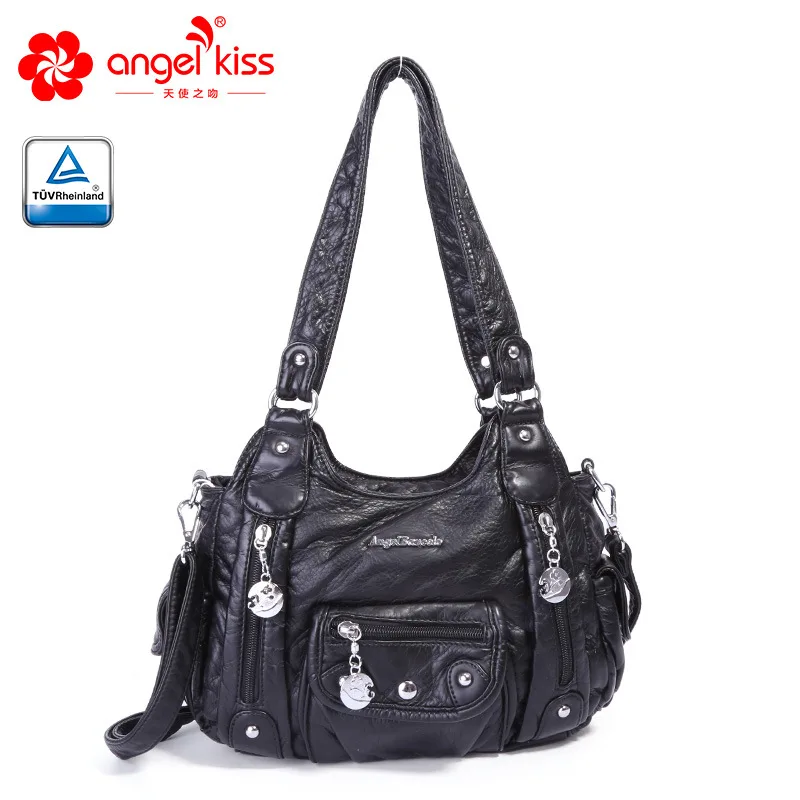 Черный Angelkiss Модные 2 Топ молния мягкий промытый из искусственной кожи Сумки ранцы для женщин курьерские сумки кошельки с бесплатным подарком - Цвет: Черный