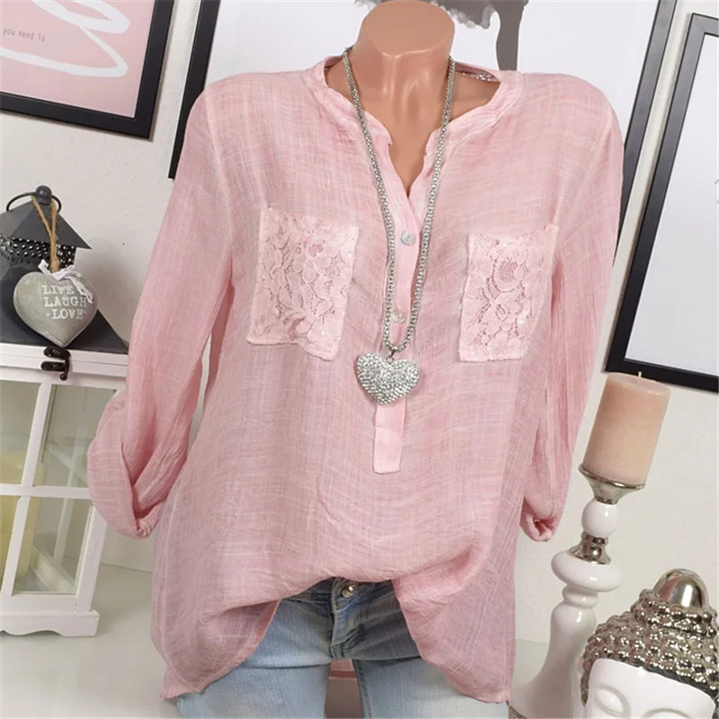 Плюс Размеры 5XL Осень Кружева Карманы рубашка с длинными рукавами Для женщин Повседневное Твердые v образным