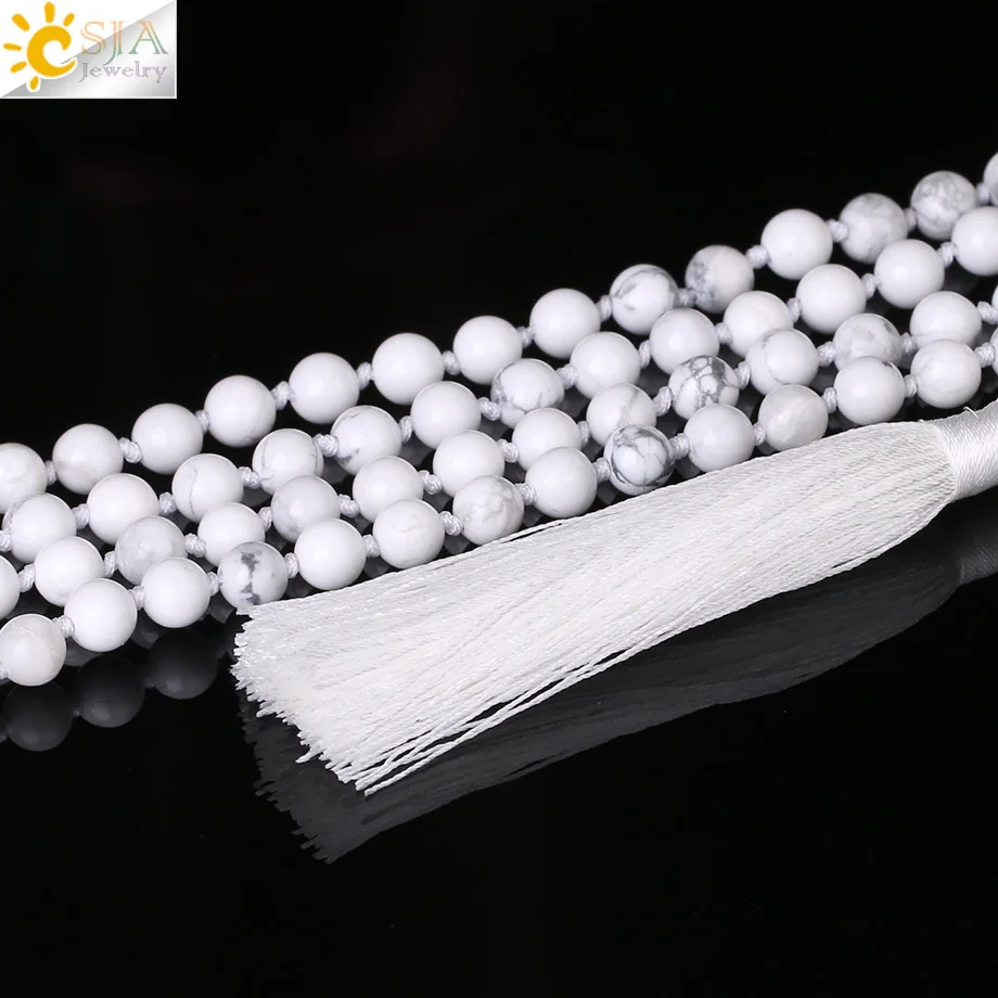 Csja ожерелье с кисточками белое Howlite длинное Узловое этническое ожерелье ручной работы s для женщин молитва Будды 6 мм мала 108 ювелирные изделия из бисера F307