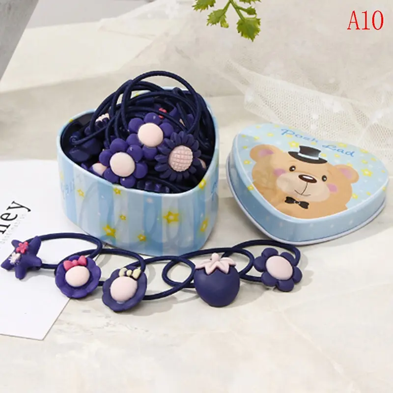 20 шт./лот Kawaii Мультяшные эластичные резинки для волос, упакованные в коробку с цветком и бантом, резиновые ободки, аксессуары для волос, головные уборы для девочек, подарок - Цвет: as shown