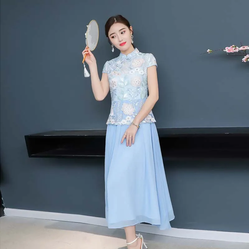 2018 новое летнее Длинное Платье женское Цветочная вышивка cheongsam кружевное