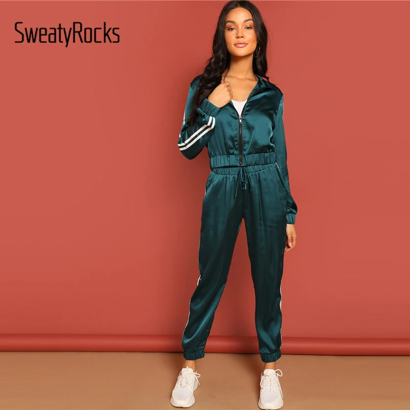 SweatyRocks зеленый на молнии полосатая лента куртка и шнурок брюки спортивный костюм для женщин атласная уличная Весенняя Повседневная комплект из двух предметов