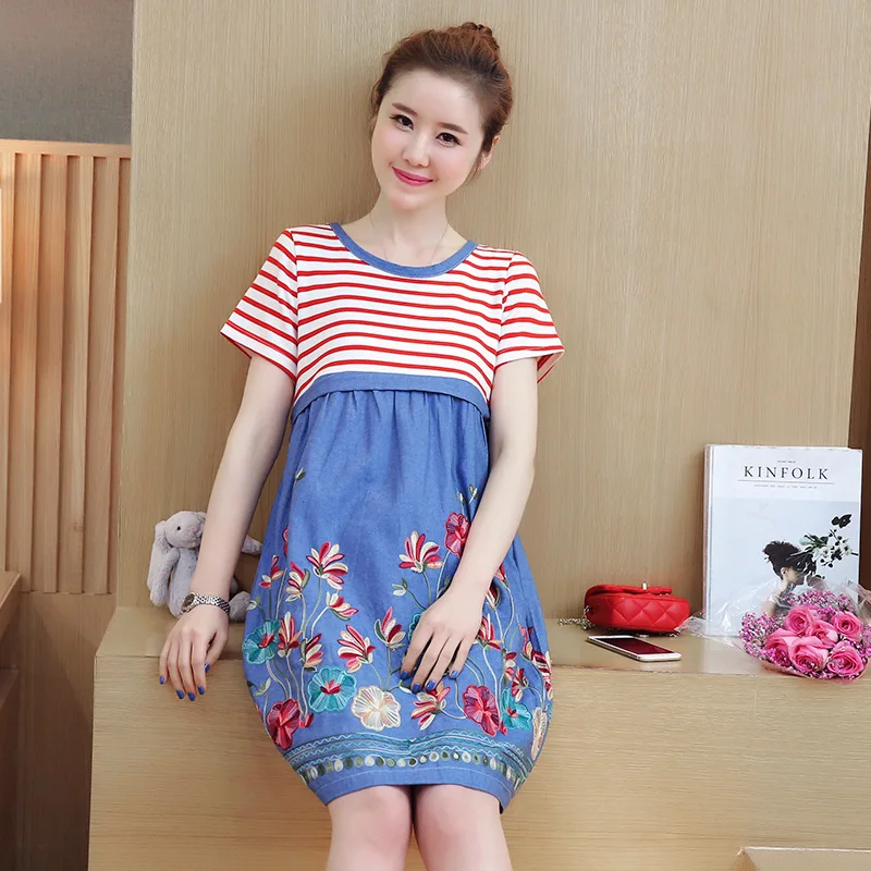 

Summer Embroidered Pregnant Women Dresses Striped Maternity Denim Lactation Clothes A-line Loose Expectant Mother Chinese Style