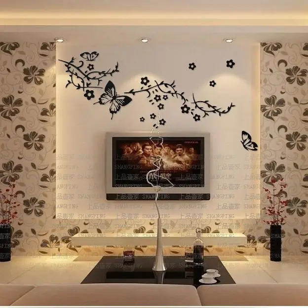 Acrylic flower vine 3d wall stickers Plum flower Butterfly TV background wall decoration Home DIY art wall decor stickers