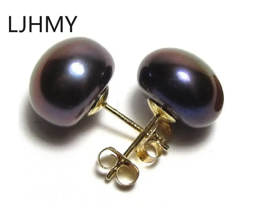 Идеальный 10-11 мм черный пресноводный жемчуг полукруглые серьги-гвоздики 14K