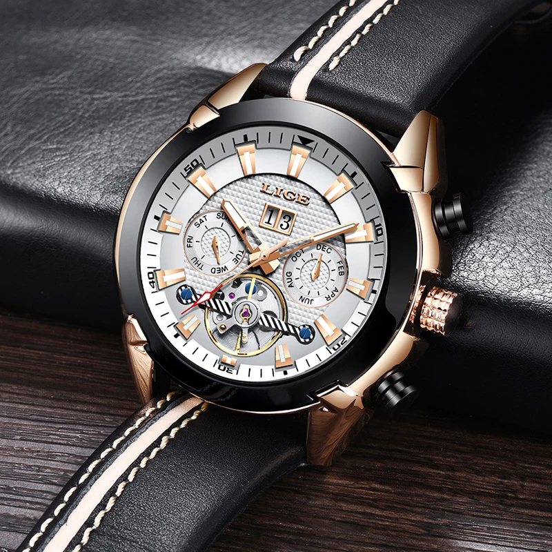 Часы наручные LIGE Мужские механические брендовые Роскошные водонепроницаемые в