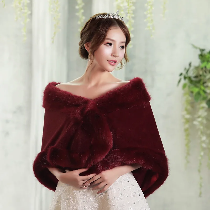 

2020 New Arrival Burgundy Winter Wedding Wraps Warm Faux Fur Bolero Shawls Jacket for Bridal Bridesmaid Accessories
