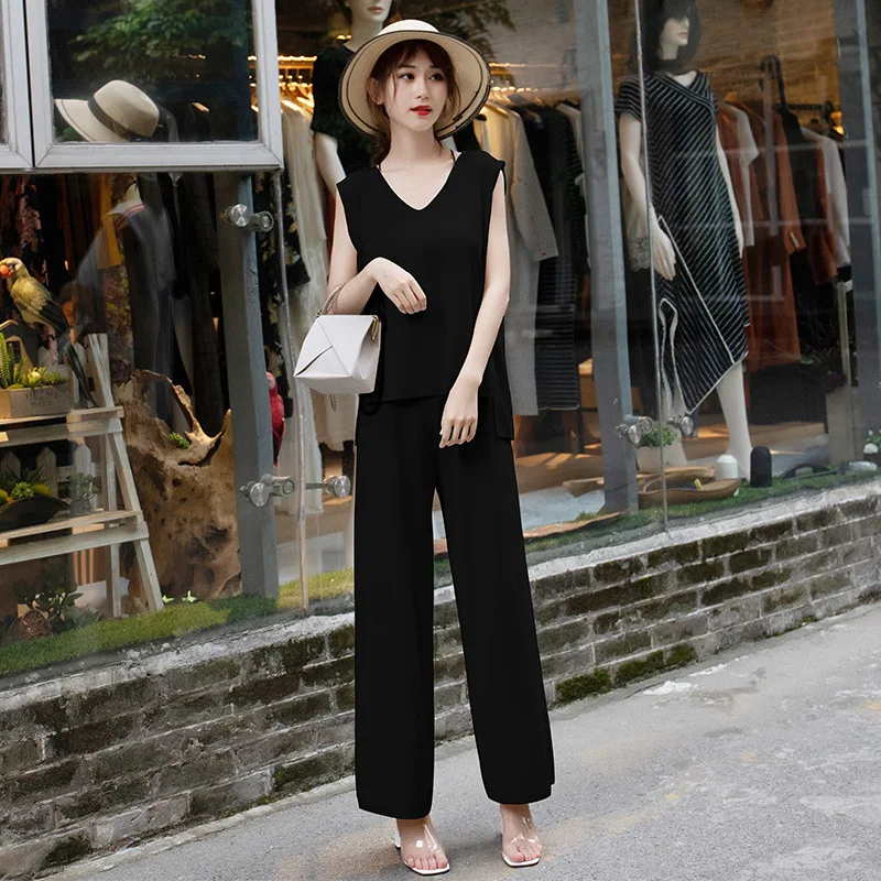 2 Piece Set Women Autumn White Sleeveless V-neck Casual Knitting Club Top and Black Full Length Office Lady Pants Two Piece Set