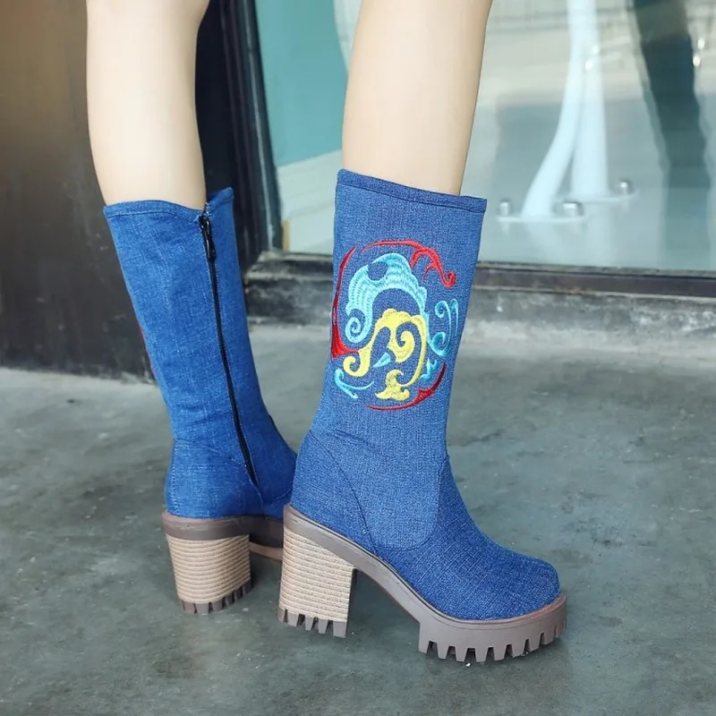 US4-11 женские джинсы с круглым носком ботинки до середины икры вышивкой