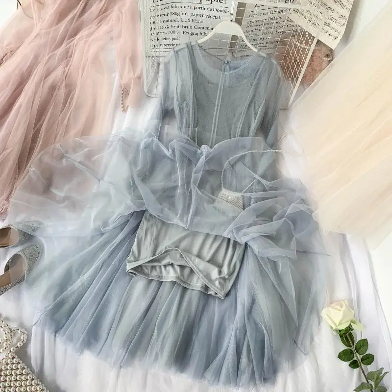 Женское платье с длинным рукавом плиссированное Сетчатое о вырезом и высокой