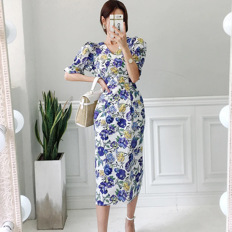 2019 летнее Новое Женское модное платье с v образным вырезом пышными рукавами