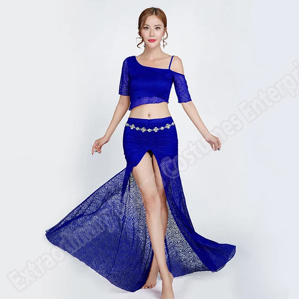 Одежда для тренировок Топ Юбка женская сексуальная мода Bellydance восточные Костюмы комплект Топ для профессионалов юбки раздельный кружевной 2 шт - Цвет: Royalblue-2pcs