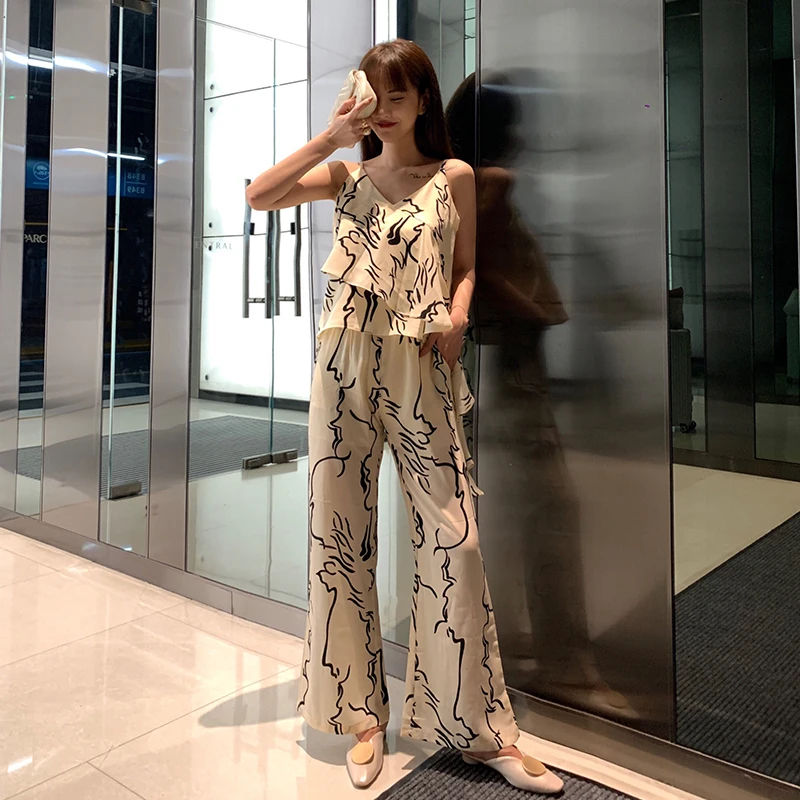 Женский комплект одежды без рукавов из 2 предметов с шифоновым принтом свободные