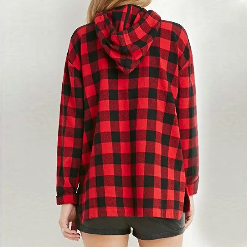 HEE GRAND 2018 Girls Blouses Spring Autumn Two Pockets Casual Loose Hoodies Red Black Plaid Shirts Women Blusas Feminina WCL1538 |