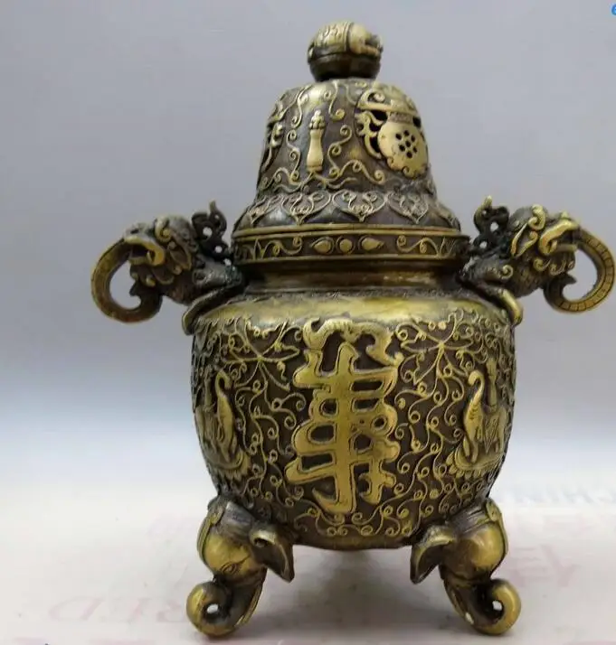 9 &quotКитай латунь медь Резные слон долголетия курильница Ладан горелки