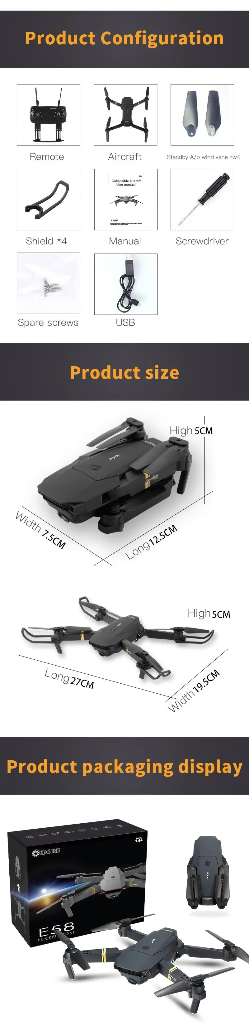 Eachine E58 Wi-Fi FPV с широкоугольной HD камерой Режим высокой фиксации складной рычаг RC Квадрокоптер RTF