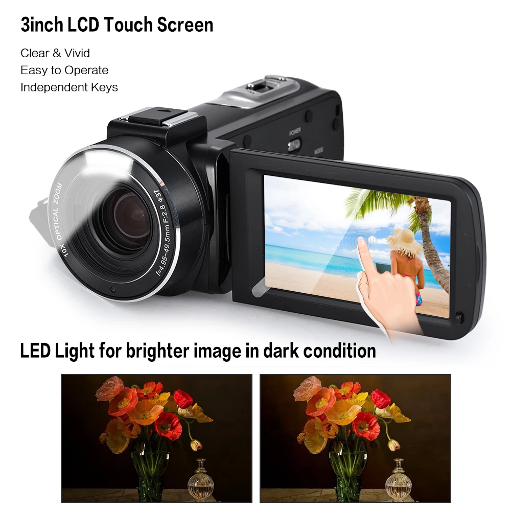 Цифровая видеокамера Andoer 1080P Full HD 24MP 10X оптический зум с 3 дюймовым ЖК экраном и