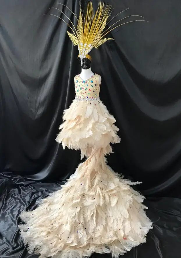 Креативный купальник с перьями накидка Т образный костюм для сцены Chaofu детская