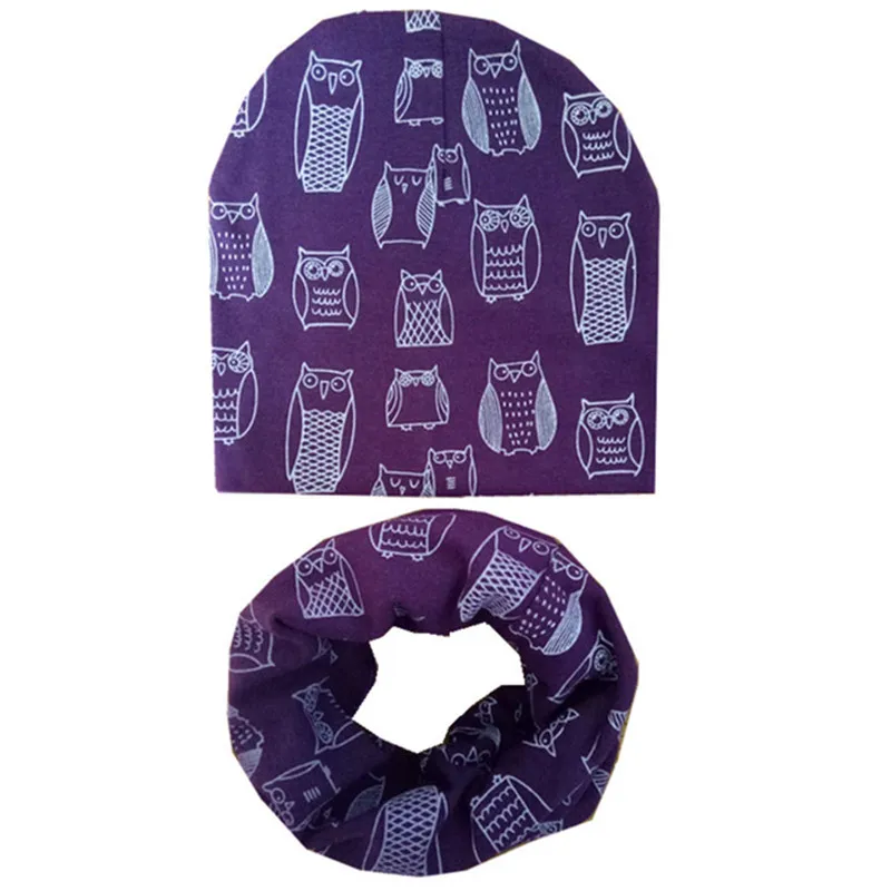 owl purple Хлопковая детская шапка, шарф, шапка для девочек, шапки для мальчиков, детский шарф-кольцо для малышей от 0 до 3 лет, осенне-зимняя вязаная шапка для детей, комплект, детская шапка - Цвет: owl purple