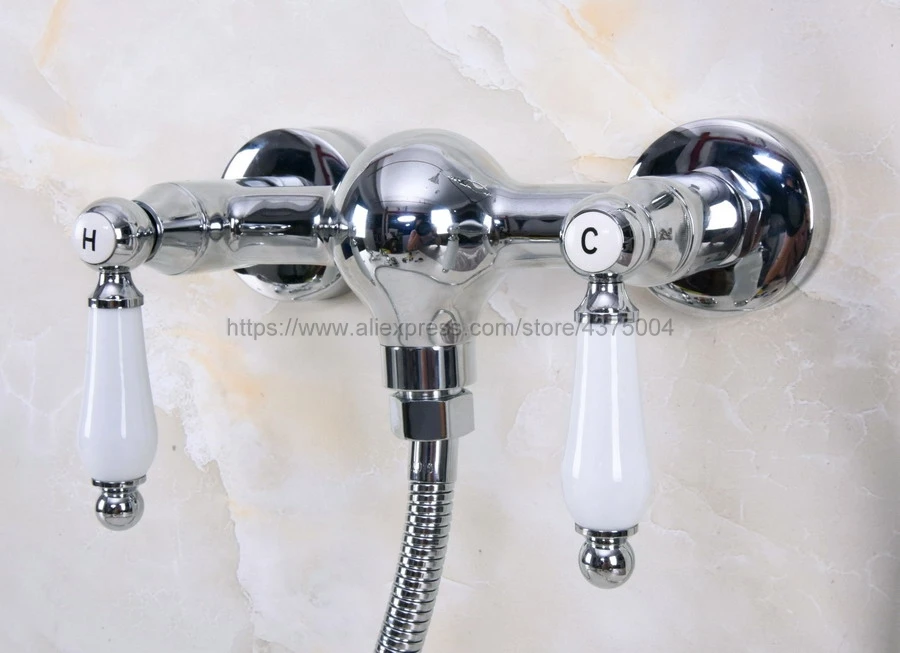 Wall Mounted Bathroom Faucet Chrome Bath Tub Mixer Tap With Double Ceramic Handle Hand Shower Head Sets Nna281 | Обустройство дома