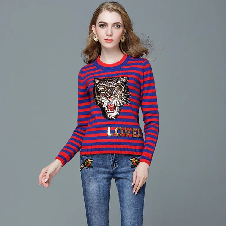 Женский джемпер 2019 яркий вязаный свитер в полоску с головой тигра верхняя одежда