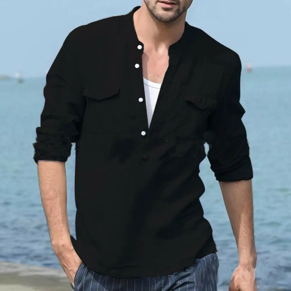 Мужская Повседневная Блузка хлопковая льняная рубашка свободные топы футболка с