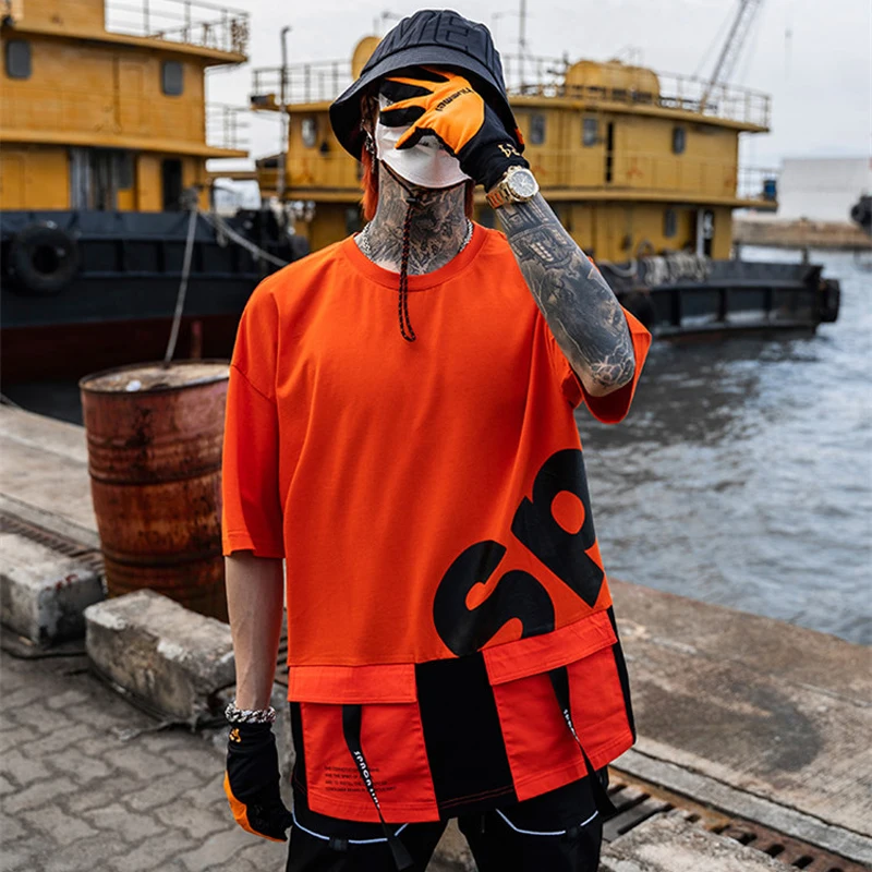 Мужская футболка в стиле хип-хоп черная оранжевая однотонная хлопковая Футболка