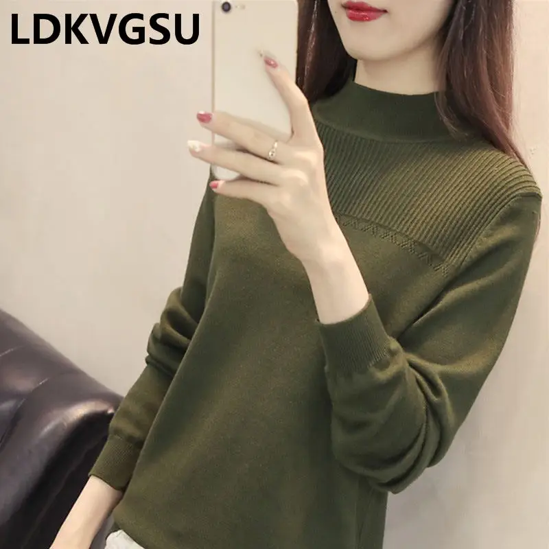 

Knitwear Long-Sleeved Female 2018 Autumn Winter New Loose Women Half-High Collar Wild Pullover Bottoming Sweater 8Colros Is1172