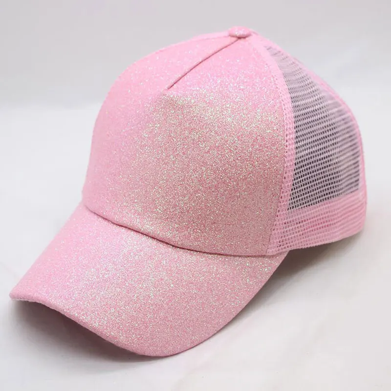 Женская шляпа блестящая Высокая конский хвост заглушка 5 панель Mesh Trucker бейсболка Золотой Серебряный Белый Черный Розовый Коричневый Синий - Цвет: Розовый