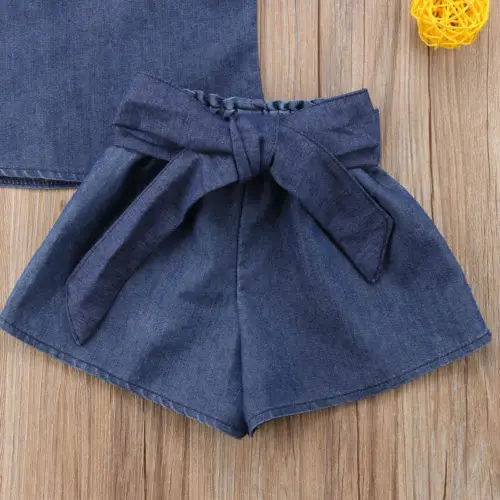 Летние джинсовые комплекты одежды для маленьких девочек футболка топы и синие