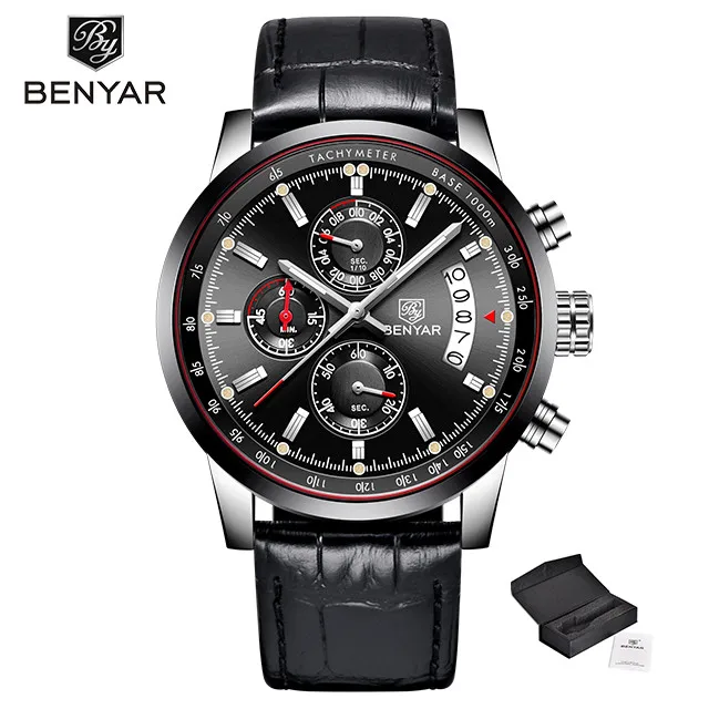 Black BENYAR мужские часы новые роскошные брендовые кварцевые кожаные часы мужские модные наручные часы с хронографом спортивные часы Relogio Masculino - Цвет: Black