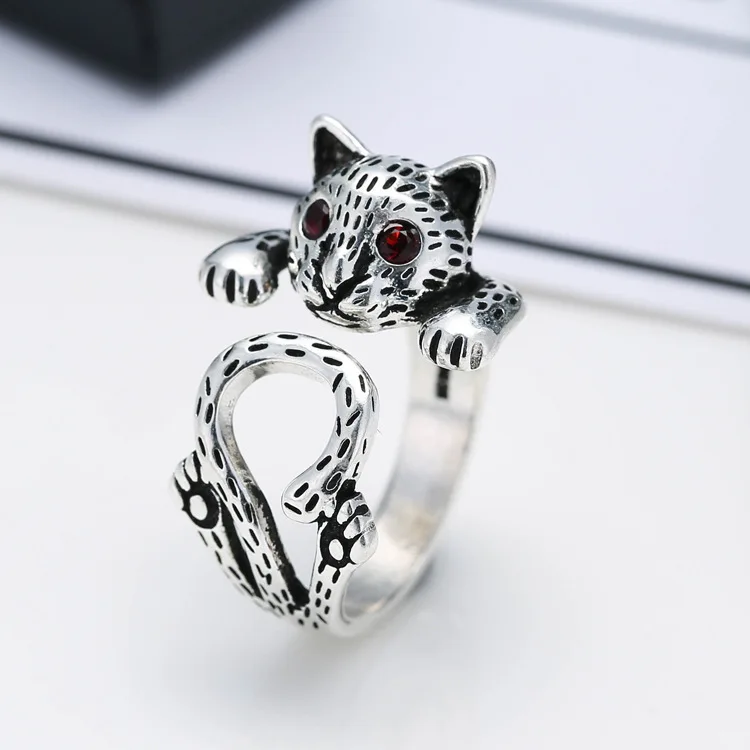 

Wholesale Vintage Thai Silver Cat Animal 925 Sterling Silver Female Finger Rings Jewelry For Women Open Party Ring Gift No Fade