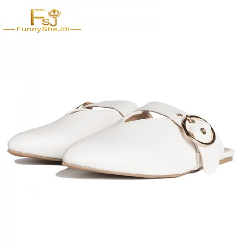 

White Pointy Toe Flats Mule Sandals Comfortable Flats with Buckle Woman Shoes Outside Slippers Summer 2022 Fashion Size 14 FSJ