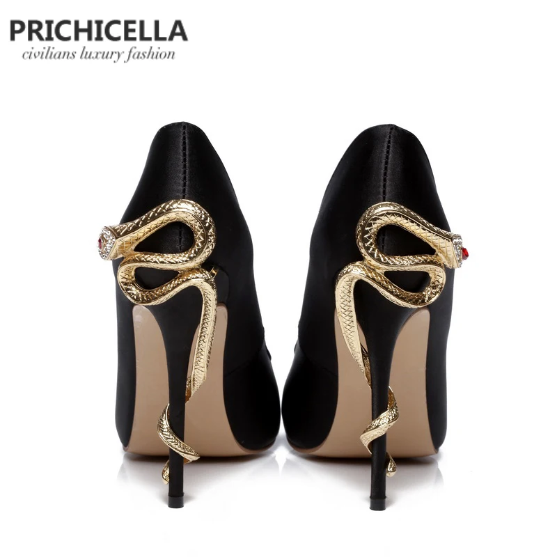 Атласные золотые туфли-лодочки PRICHICELLA на высоком каблуке из натуральной кожи с