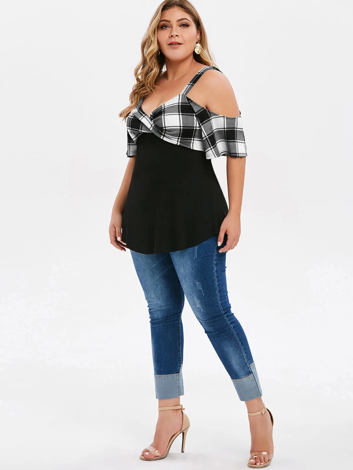 Rosegal Plus Size Cold Shoulder Plaid Twist T-Shirts Sweetheart Neck Half Sleeve Women Sexy Plaid Tops Summer Casual Splice Tees