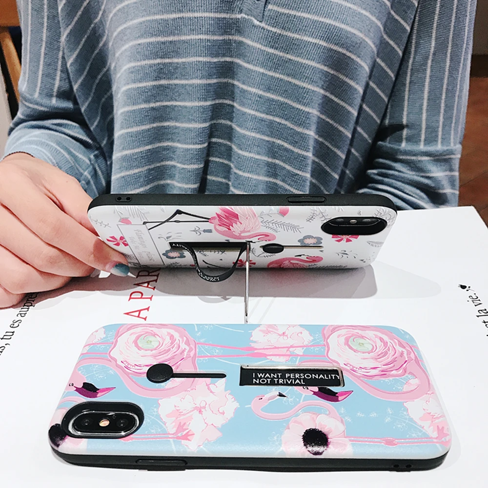 Hide Ring Stand Holder Silicon Cover For iPhone X XS MAX XR Beautiful Pink Flamingo Relief Phone Case 6 6S 7 8 Plus |