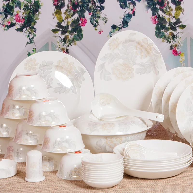 Red Peony Modern Minimalist 56 Head Bone China Tableware Set Ceramic Bowl Dish Dishes | Дом и сад